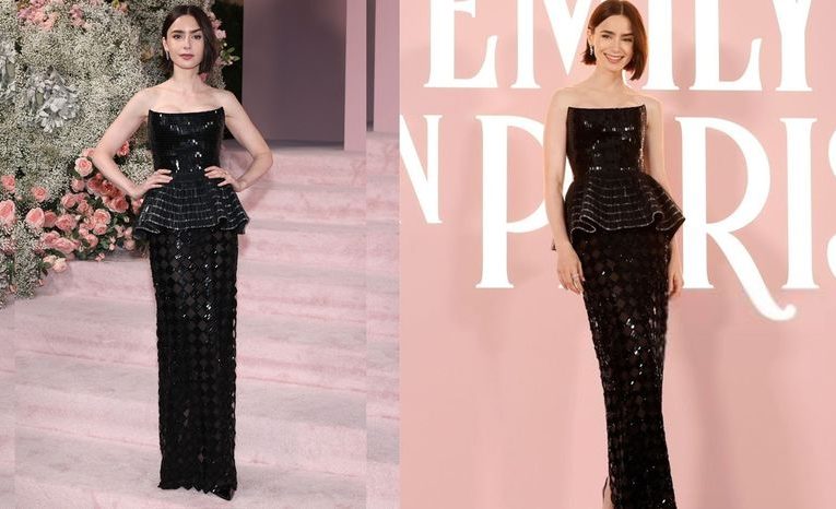 Lily Collins Tampil Mempesona di Premiere Emily in Paris dengan Gaun Hitam Berbordir