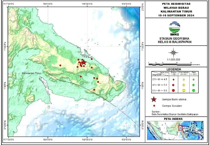 Gempa Bumi Magnitudo 5.5 Guncang Kabupaten Berau, Kalimantan Timur, diikuti 18 Kali Gempa Susulan